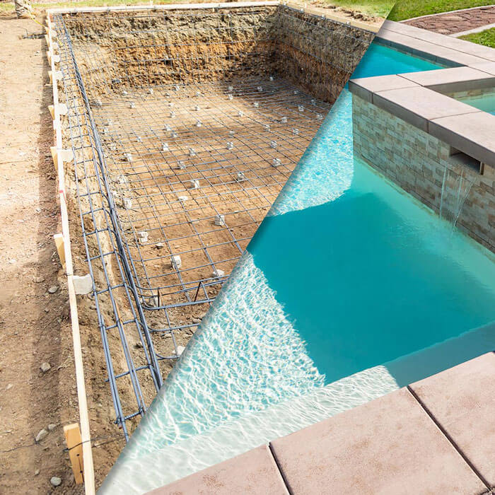 split view of before and after pool construction