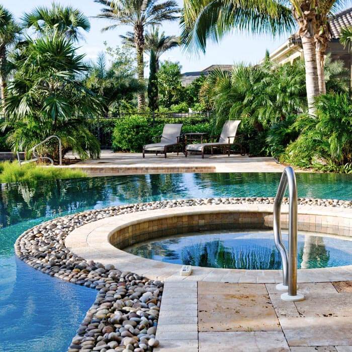 plunge pool inside larger pool in backyard with palm trees